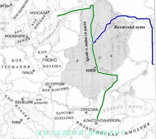 По реке дважды обозначенной на схеме цифрой 1 проходил торговый путь из варяг в греки