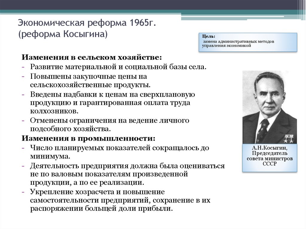 Экономическая реформа 1965 года в ссср презентация