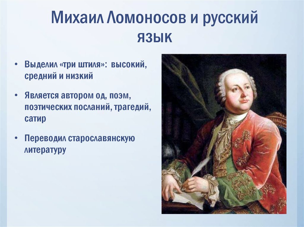 Деятельность м в ломоносова в развитии и популяризации русского литературного языка проект