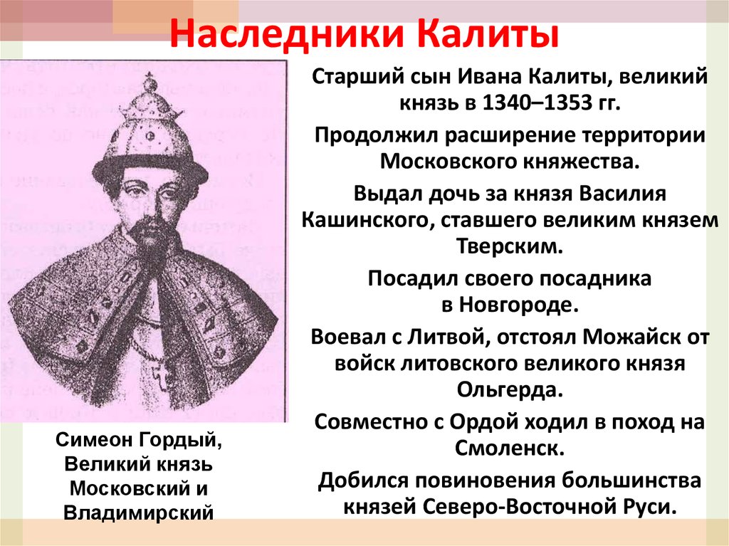 Укажите князя пропущенного в схеме иван калита симеон гордый дмитрий донской