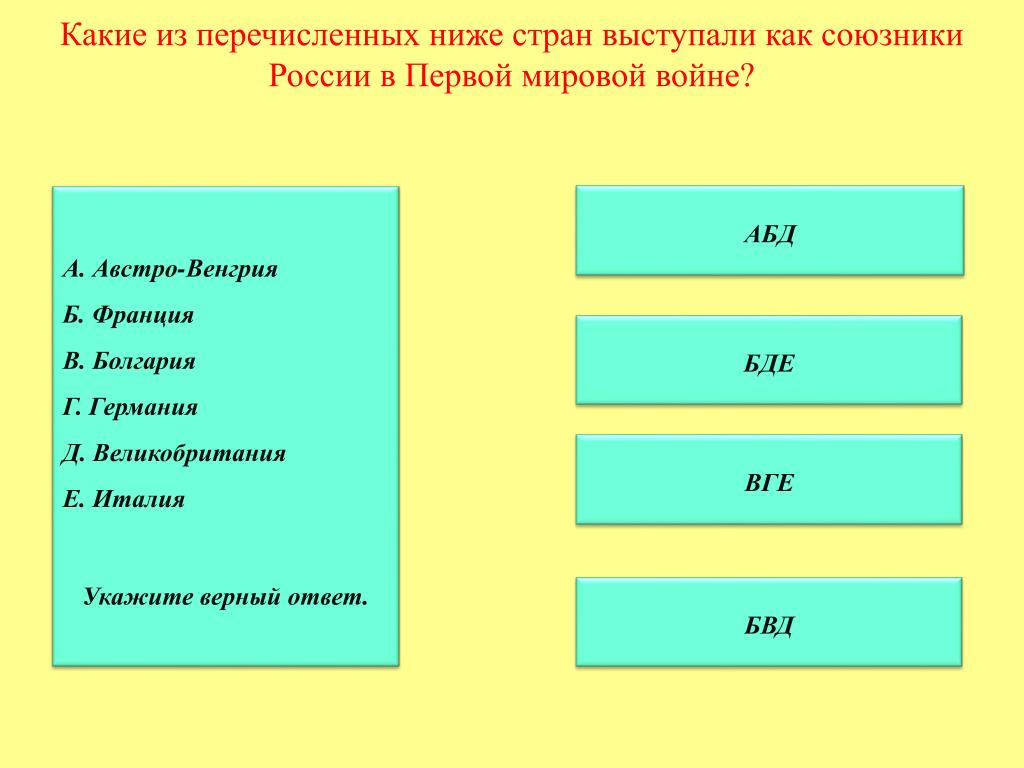 Основные союзники и противники россии в первой мировой войне схема