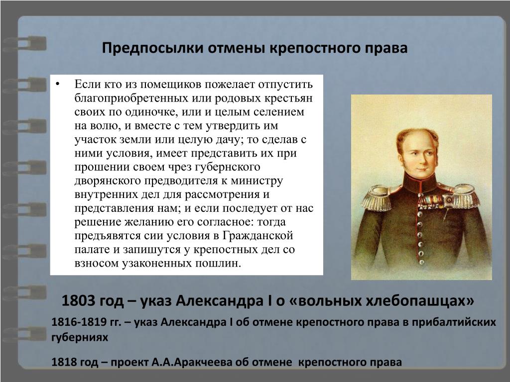 Разработка плана постепенной отмены крепостного права в россии по приказу александра i