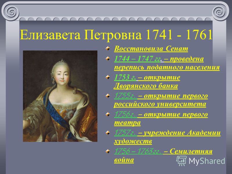 Внутренняя политика петра 1 и екатерины 2. Елизавета Петровна Романова (1741-1761). Елизавета 1741-1761. Елизавета Петровна (1741-1761 гг.).