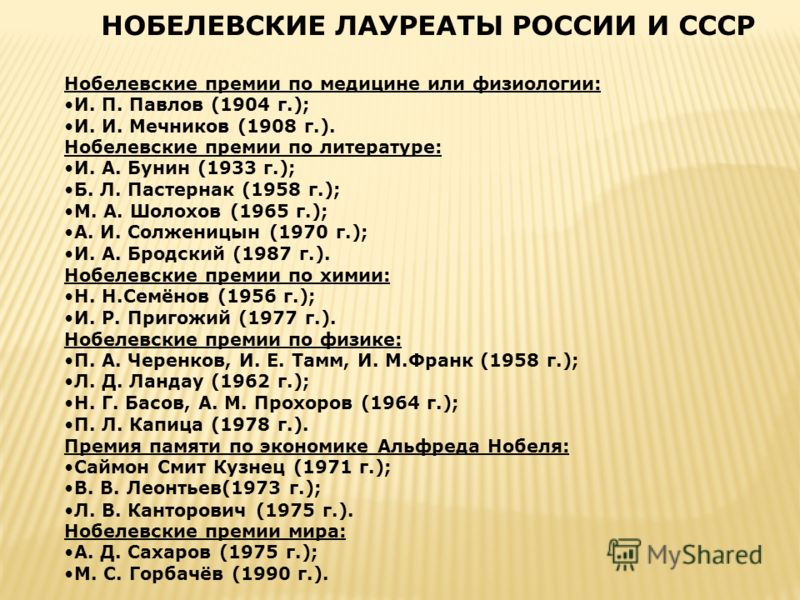Лауреаты нобелевской премии из россии и ссср таблица с фото