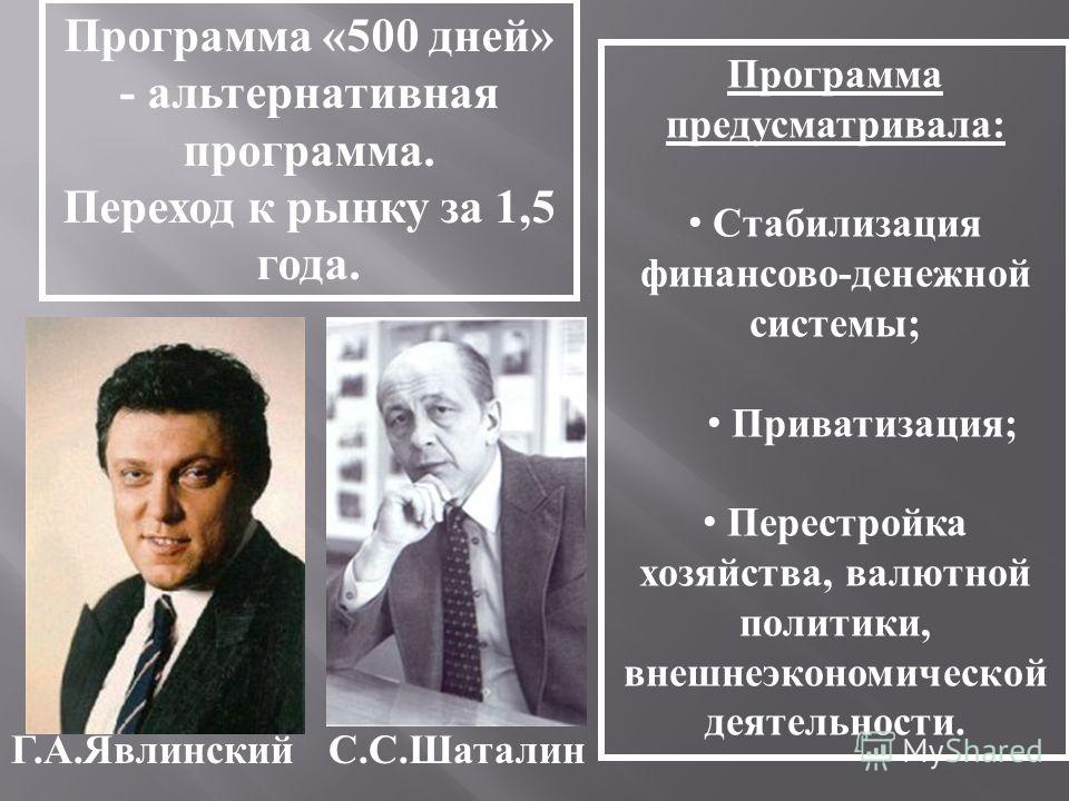 Г а явлинский 500 дней. 500 Дней программа Шаталина Явлинского. Программа 500 дней перестройка. Программа 500 дней Явлинского кратко.