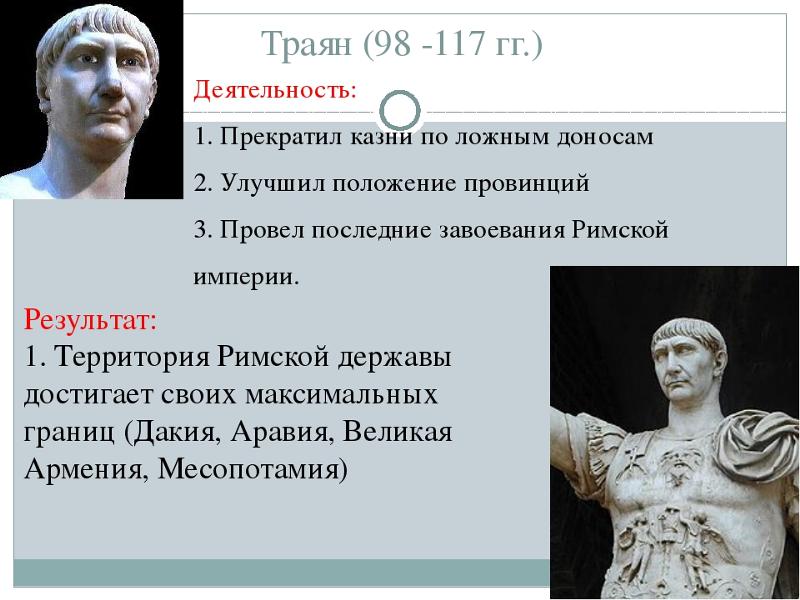 Как изменилось правление в риме. Император Траян Траяна. Траян Римский Император результат деятельности. Нерон Траян Октавиан.