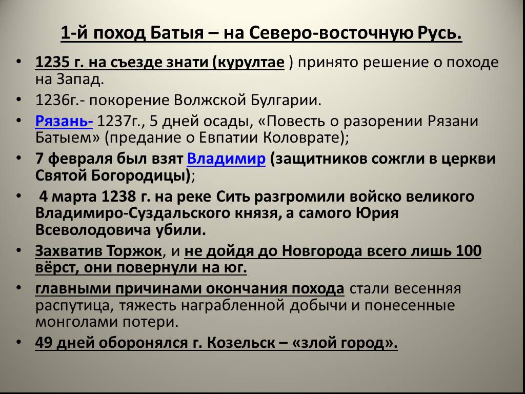 Составьте сложный план или краткие тезисы по выбору по теме походы батыя на русь