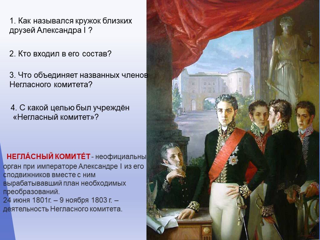 Участники негласного комитета: В состав негласного комитета не входил:: 1)  П.А. Строганов. 2) М.М. Сперанский. 3) А.А....