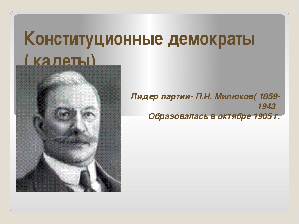 Конституционно демократическая партия кадеты лидер. Лидер партии кадетов 1905. Партия кадетов 1905-1917 Лидеры. Конституционные демократы кадеты Лидер. Конституционно-Демократическая партия кадеты.