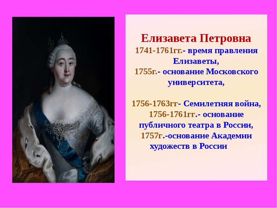 Окружение елизаветы. 1741-1761 - Правление императрицы Елизаветы Петровны. Даты правления Елизаветы Петровны.