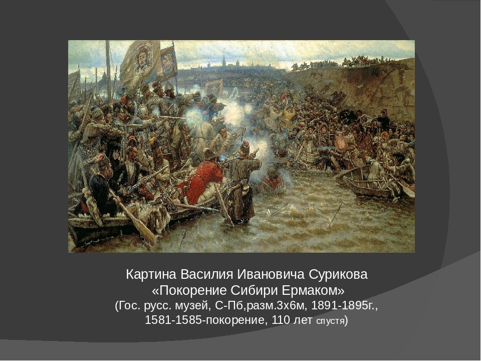 Совершил поход в сибирь. Картина Василия Сурикова завоевание Сибири. Василий Иванович Суриков. Завоевание Сибири Ермаком. 1581 – 1585 – Покорение Сибири Ермаком. «Покорение Ермаком Сибири», 1891 – 1895 гг..