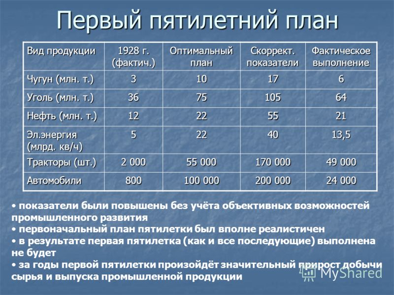 Реализация первого пятилетнего плана